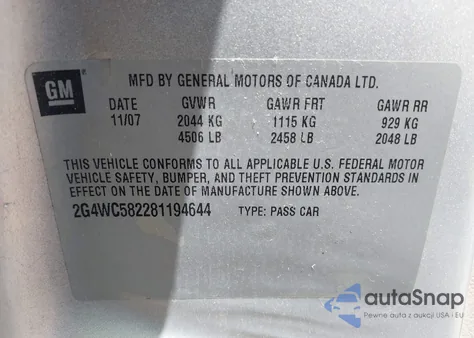 2008 Buick Lacrosse z USA, uszkodzony, nr VIN 2G4WC582281194644